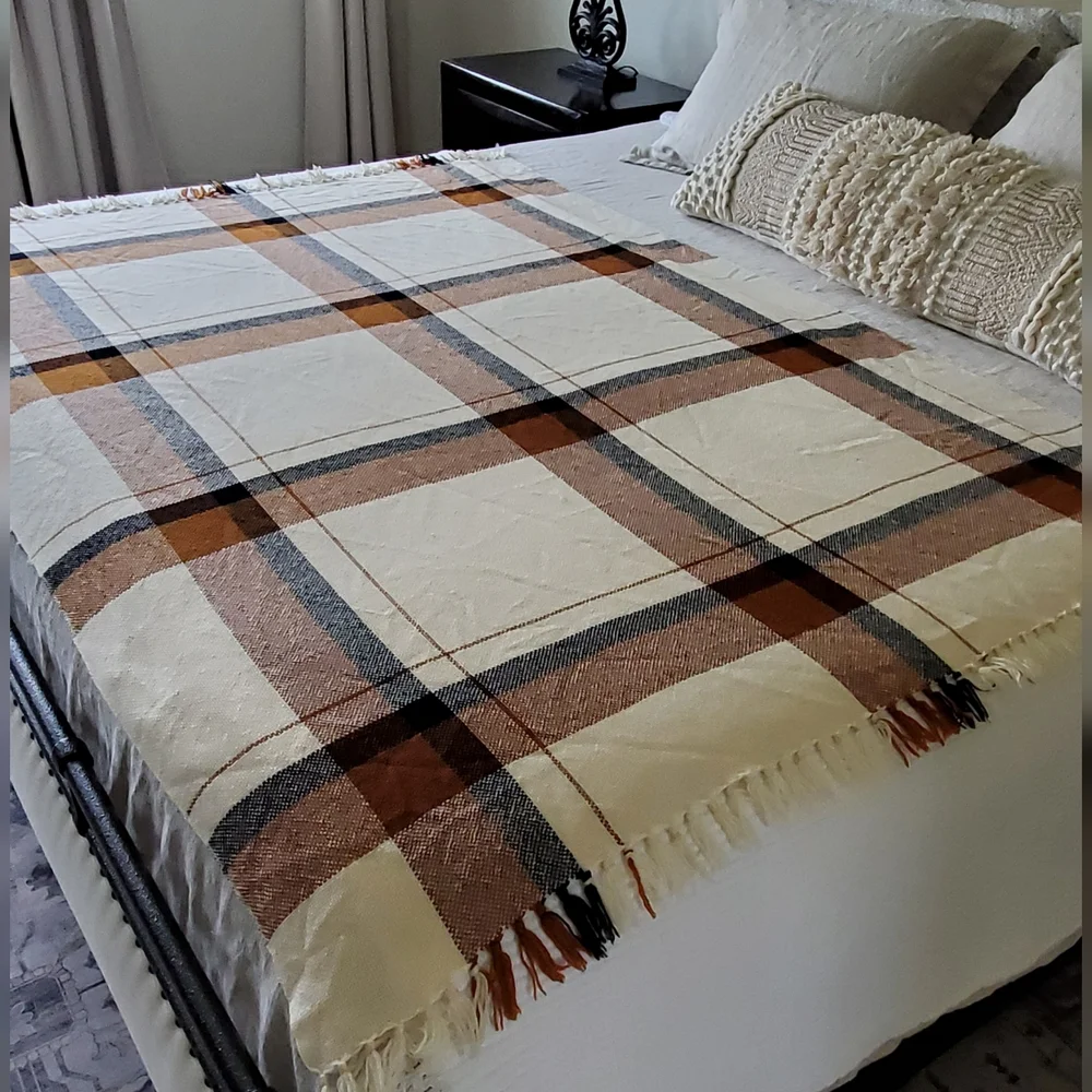 We Three Weavers Handwoven 100% Wool Cream/Black/Terra Cotta Plaid Throw Blanket